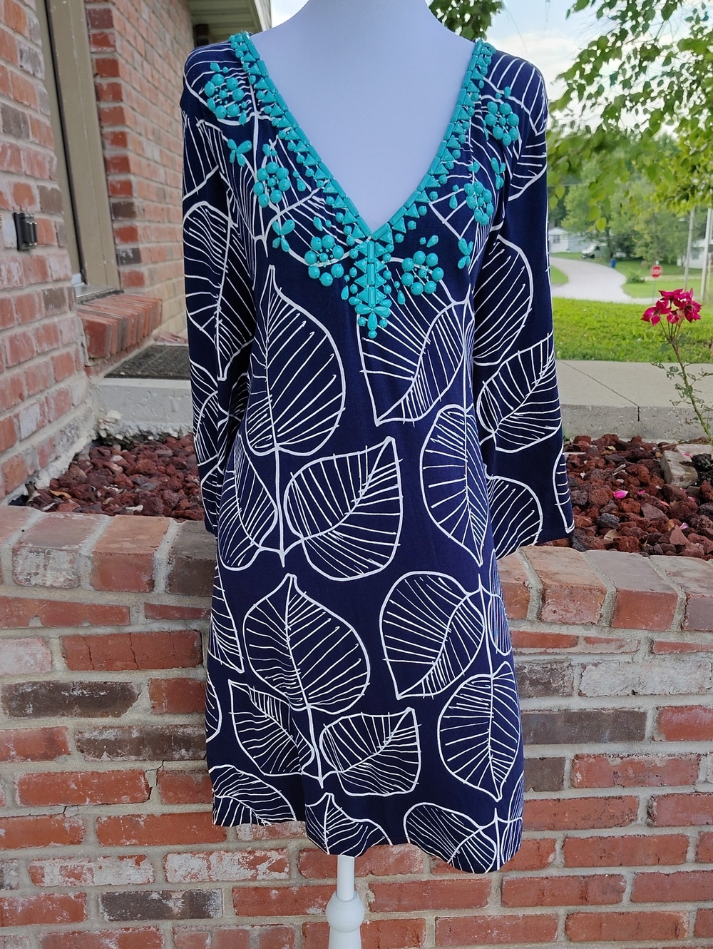 Boden Freya Jersey Knit 3/4 Sleeves Embellished Mini Tunic Dress Size 16 Coastal
